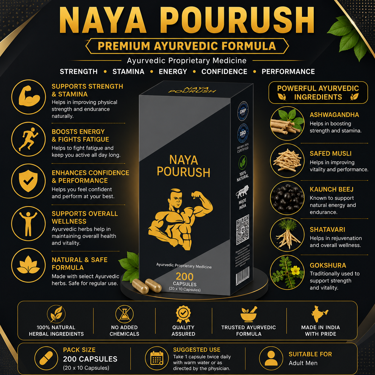 Naya Pourush Capsule | Premium Ayurvedic Herbal Wellness | 200 Capsules