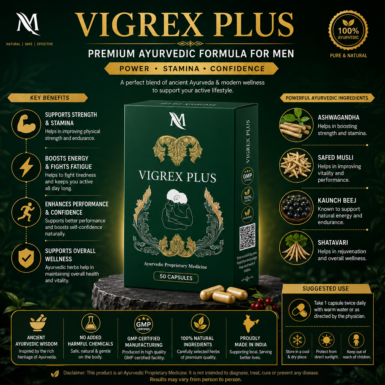 Vigrex Plus 50 Capsules | Premium Ayurvedic Men's Wellness Formula | Herbal Vitality & Daily Energy Support