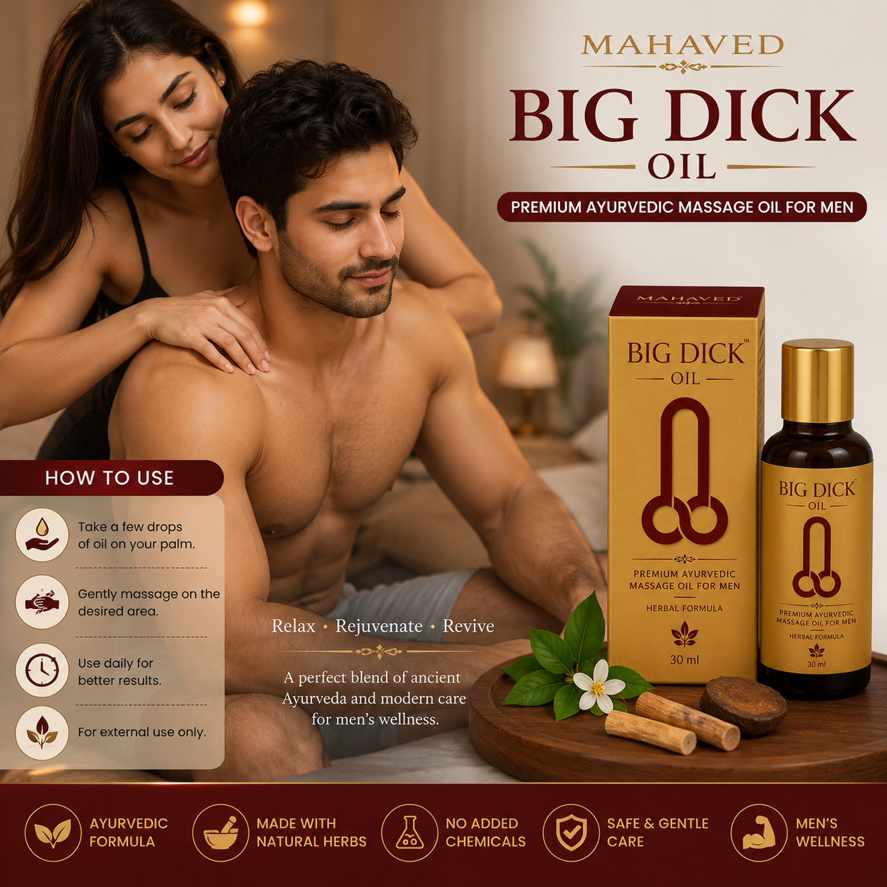 Mahaved Big Dick Oil | Premium Ayurvedic Herbal Massage Oil for Men | 30 ml
