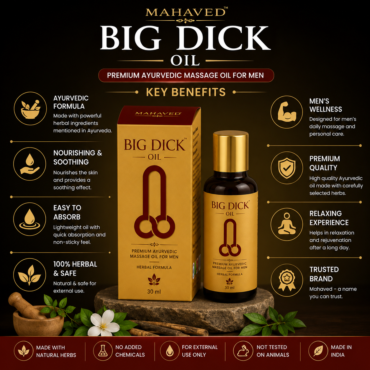 Mahaved Big Dick Oil | Premium Ayurvedic Herbal Massage Oil for Men | 30 ml