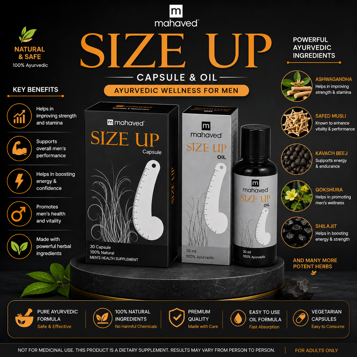 Mahaved Size Up Combo | Size Up Capsule & Herbal Massage Oil | Premium Ayurvedic Men's Wellness Kit