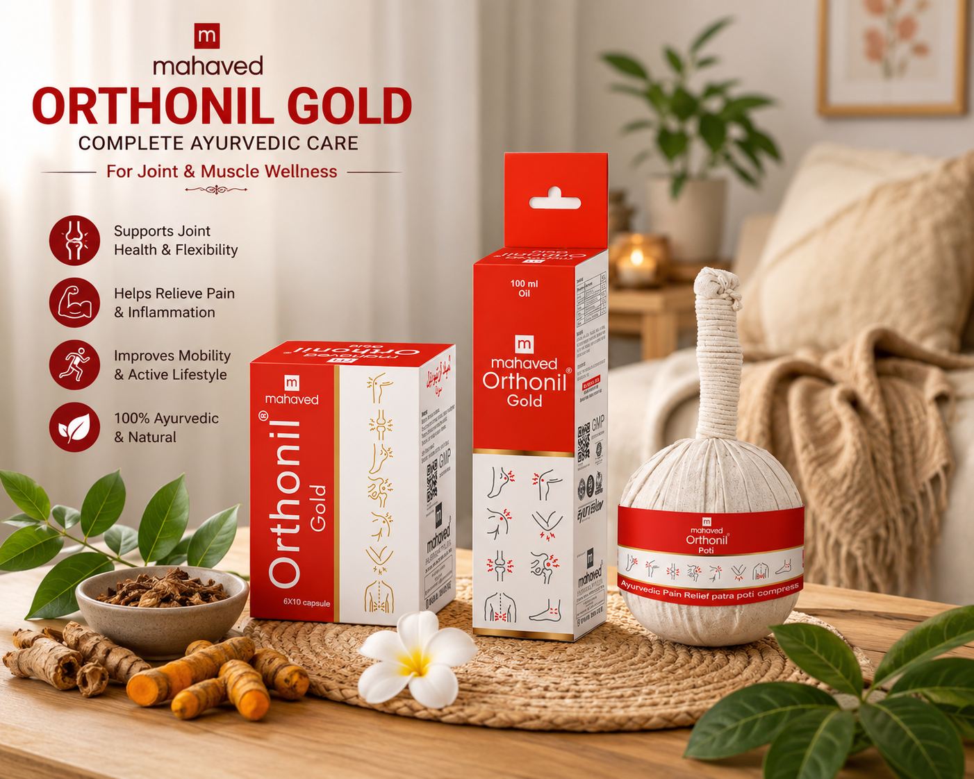Mahaved Orthonil Gold | Ayurvedic Joint Care Combo with Capsules, Pain Relief Oil & Herbal Poti