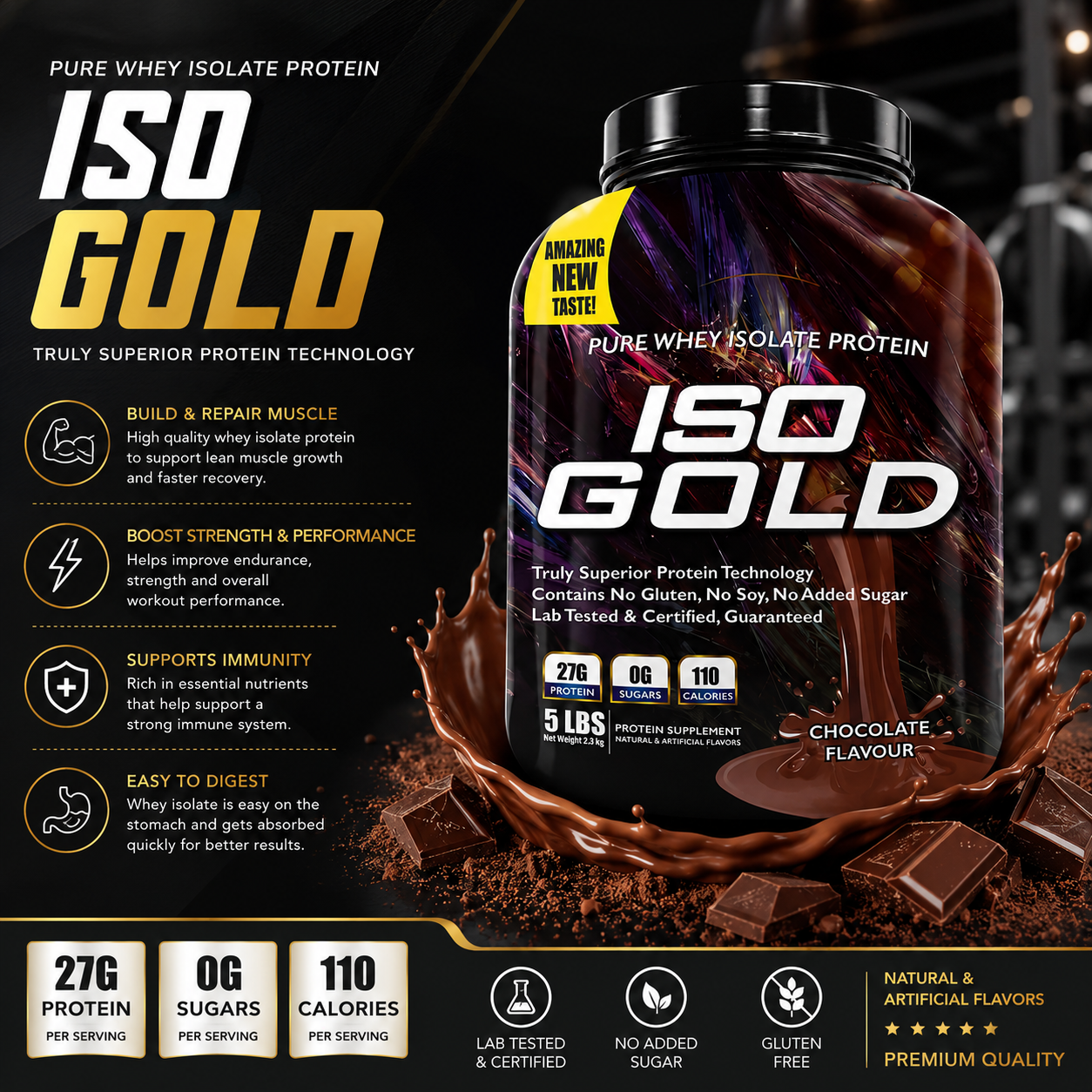 I ISO Gold 100% Pure Whey Isolate Protein Powder | Chocolate Flavour | High Protein | Low Sugar | 5 lbs