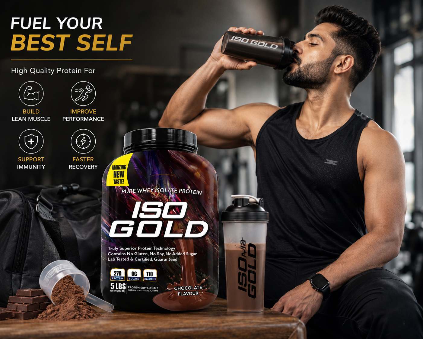 I ISO Gold 100% Pure Whey Isolate Protein Powder | Chocolate Flavour | High Protein | Low Sugar | 5 lbs