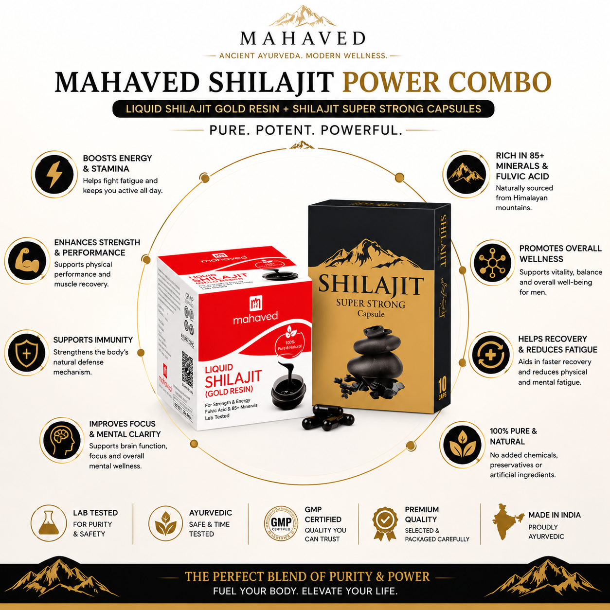 Mahaved Shilajit Power Combo | Liquid Shilajit Gold Resin + Super Strong Capsules