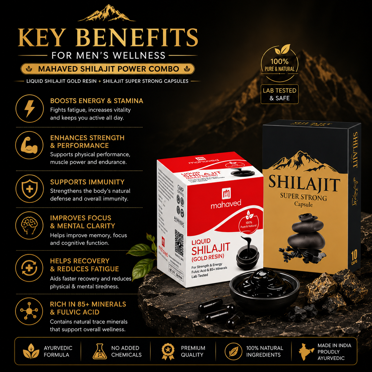 Mahaved Shilajit Power Combo | Liquid Shilajit Gold Resin + Super Strong Capsules