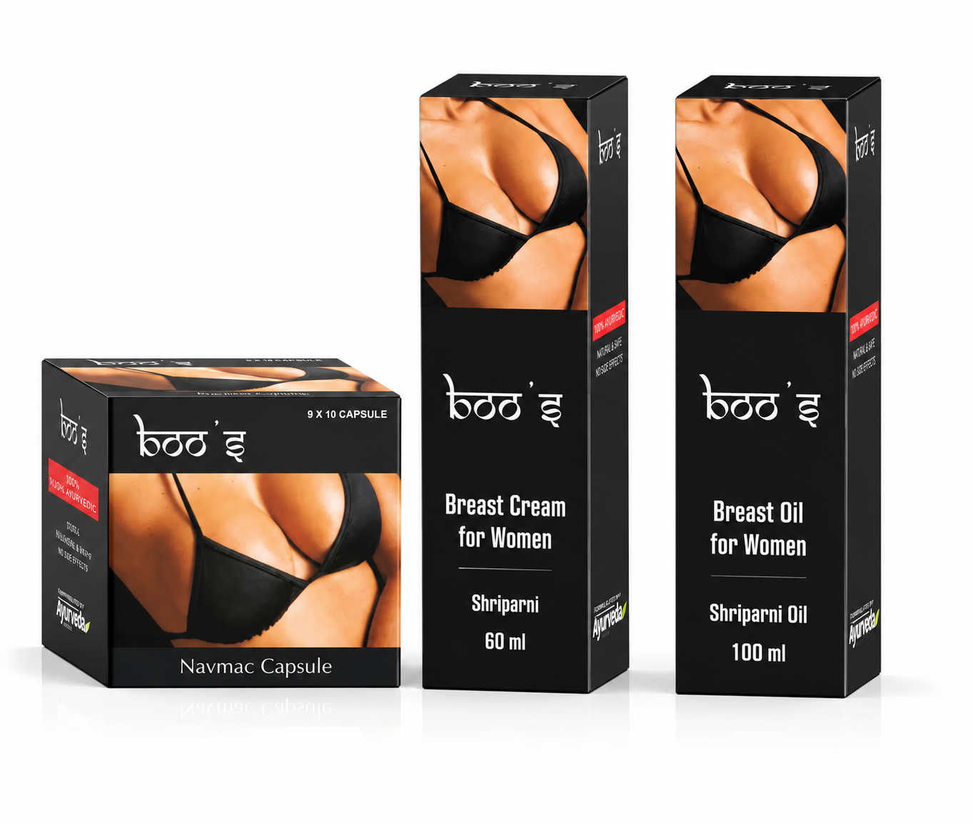 Boo's Women's Wellness Combo | Navmac Capsules + Breast Cream + Breast Oil | Premium Ayurvedic Personal Care Kit