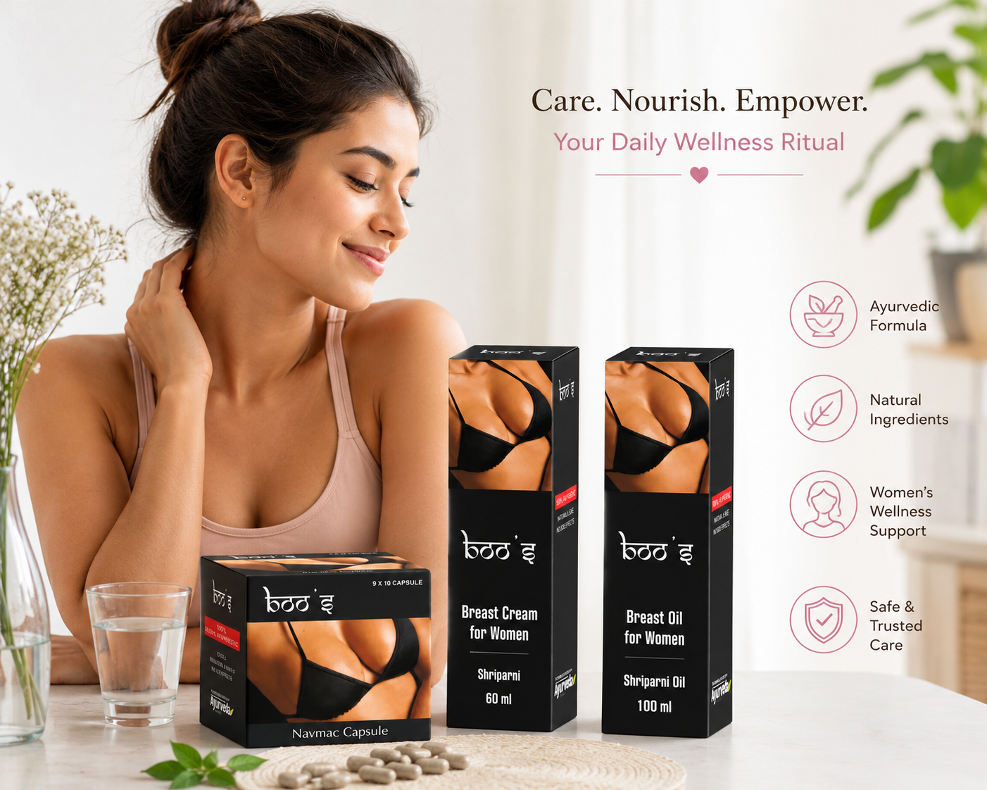 Boo's Women's Wellness Combo | Navmac Capsules + Breast Cream + Breast Oil | Premium Ayurvedic Personal Care Kit
