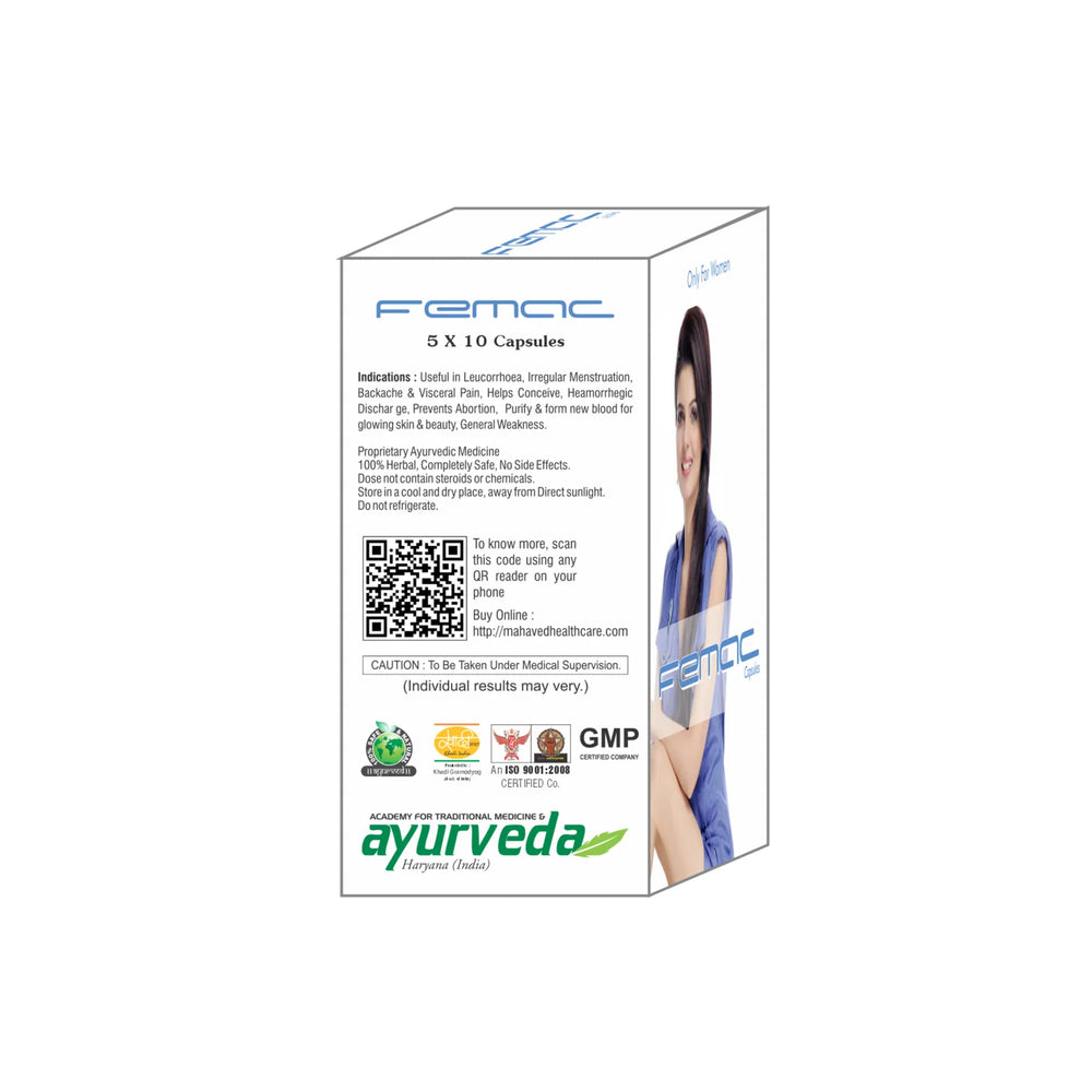 
                      
                        FEMAC CAPSULE – 2X50Cap – Useful in Leucorrhoea, The Irregular Menstrual Cycle
                      
                    