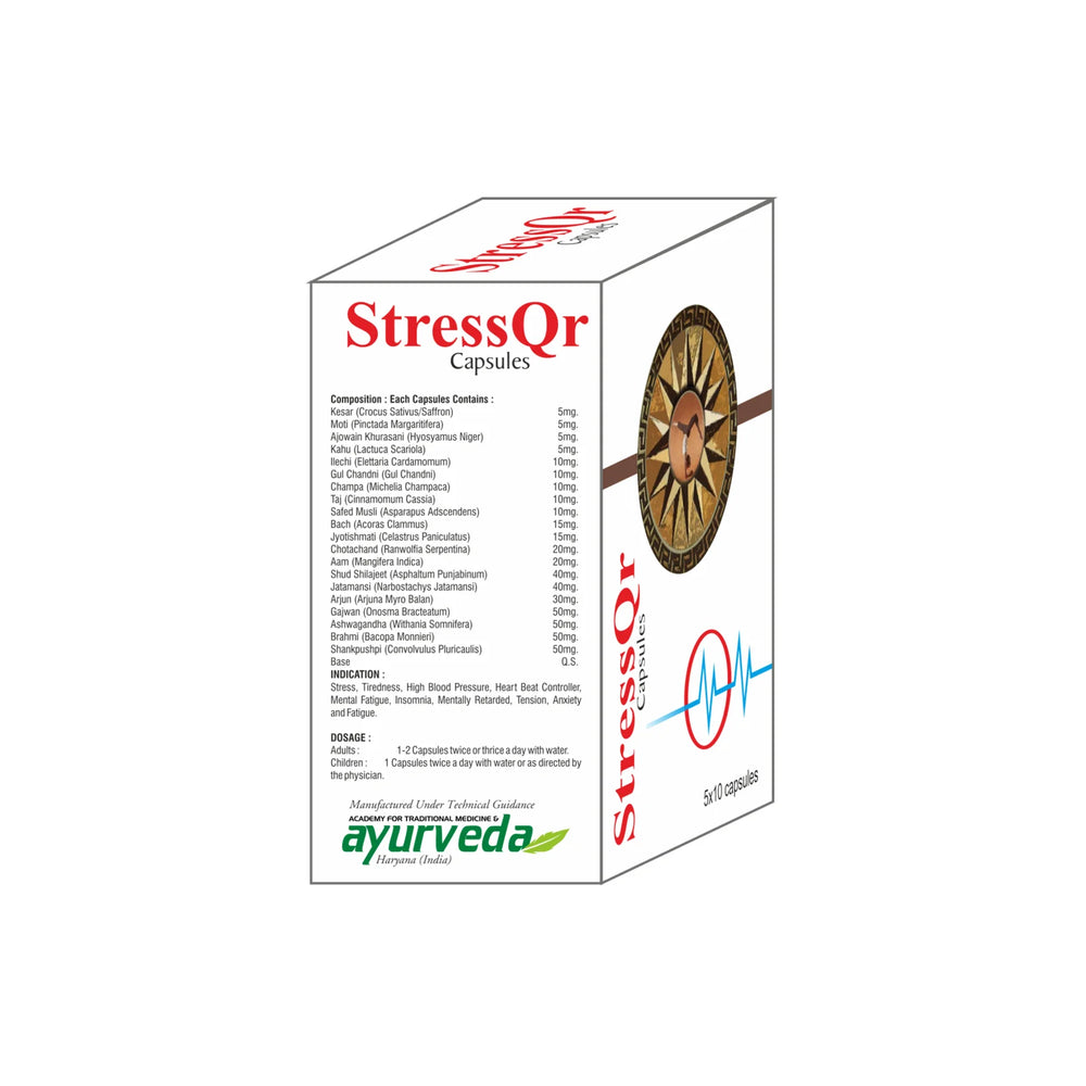 
                      
                        STRESS QR CAPSULE – 2X50Cap – Stress, Tiredness, High Blood Pressure, Heart Beat Controller, Mental Fatigue, Insomnia, Tension, Mentally Retarded,
                      
                    